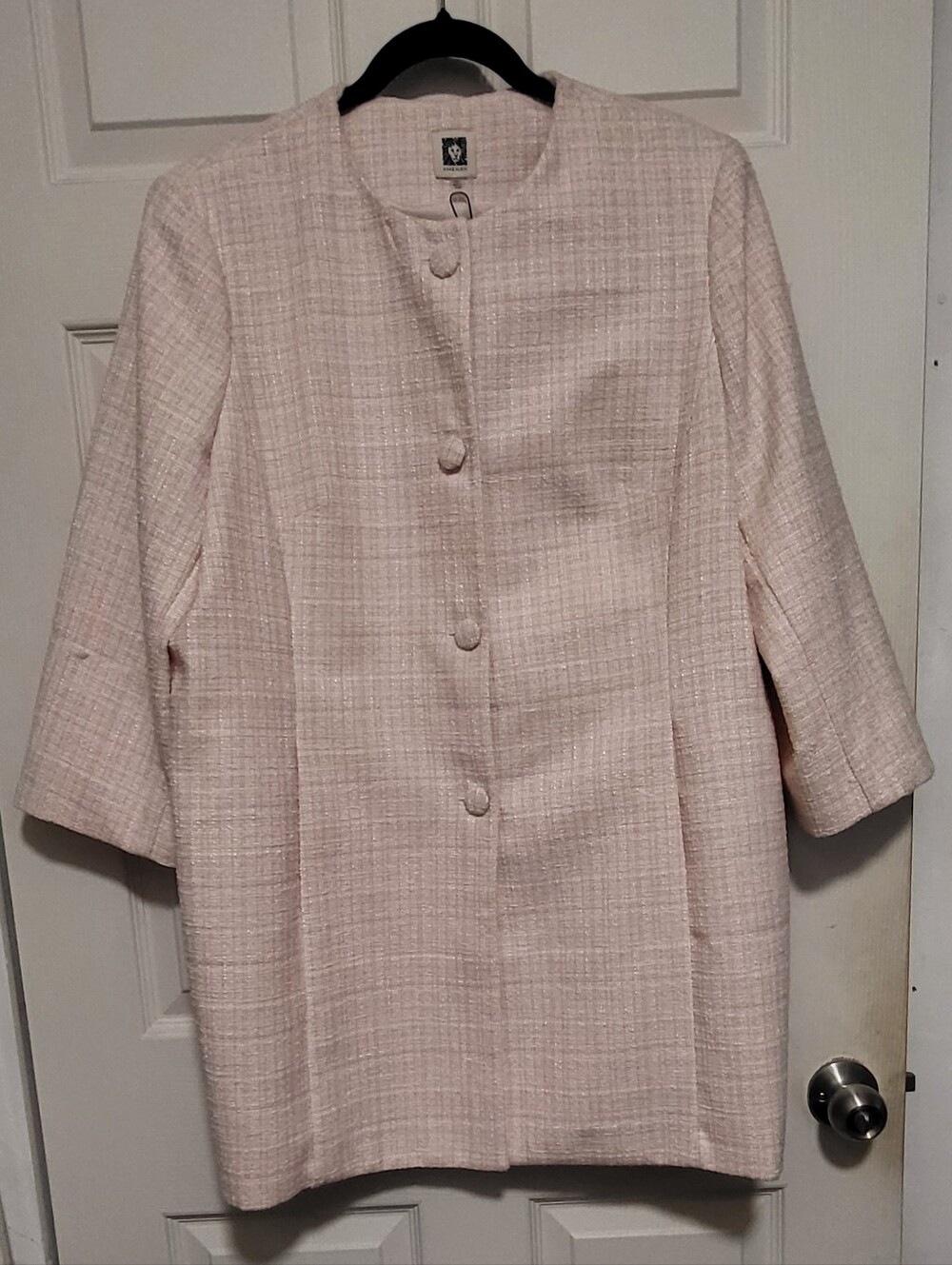 Anne Klein Pink Tweed Plaid Topper Longline Jacket Powder Pink